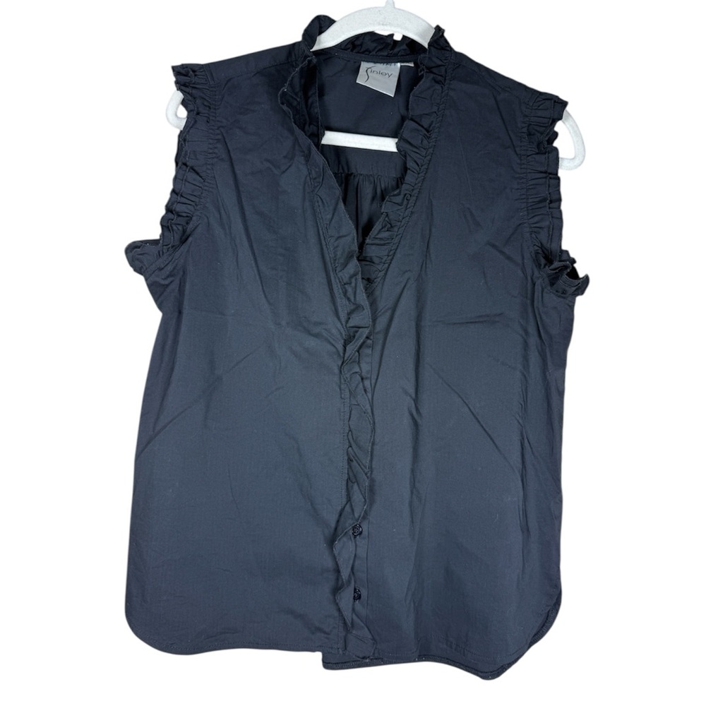 Finley Black Silky Poplin Sleeveless Ruffle Neck Button-Down Blouse Sz M